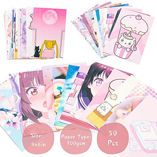L1rabe 50Pcs Kawai Anime Aesthetic Picture Wall Collage Kit Pink Cartoon Assembled Print Card Set, School Dorm Photo Poster Display Trendy Style, Sweet Girls Room Decor Cute Collage Kit New Year Gifts