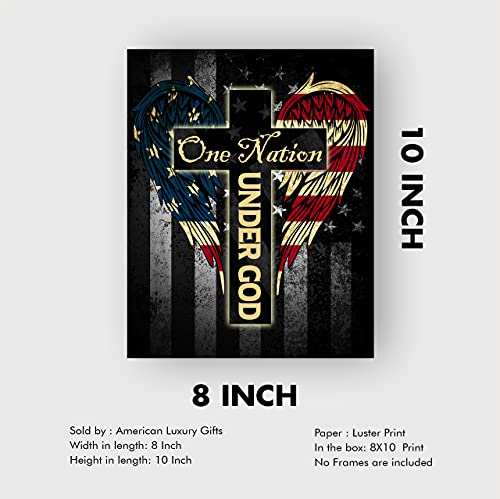 One Nation Under God - Patriotic American Flag Wall Art, This Christian Wall Decor Poster Is An Ideal Inspirational Art For Home Decor, Bedroom Decor, Boys Room Decor, or 4th Of July, Unframed - 8x10