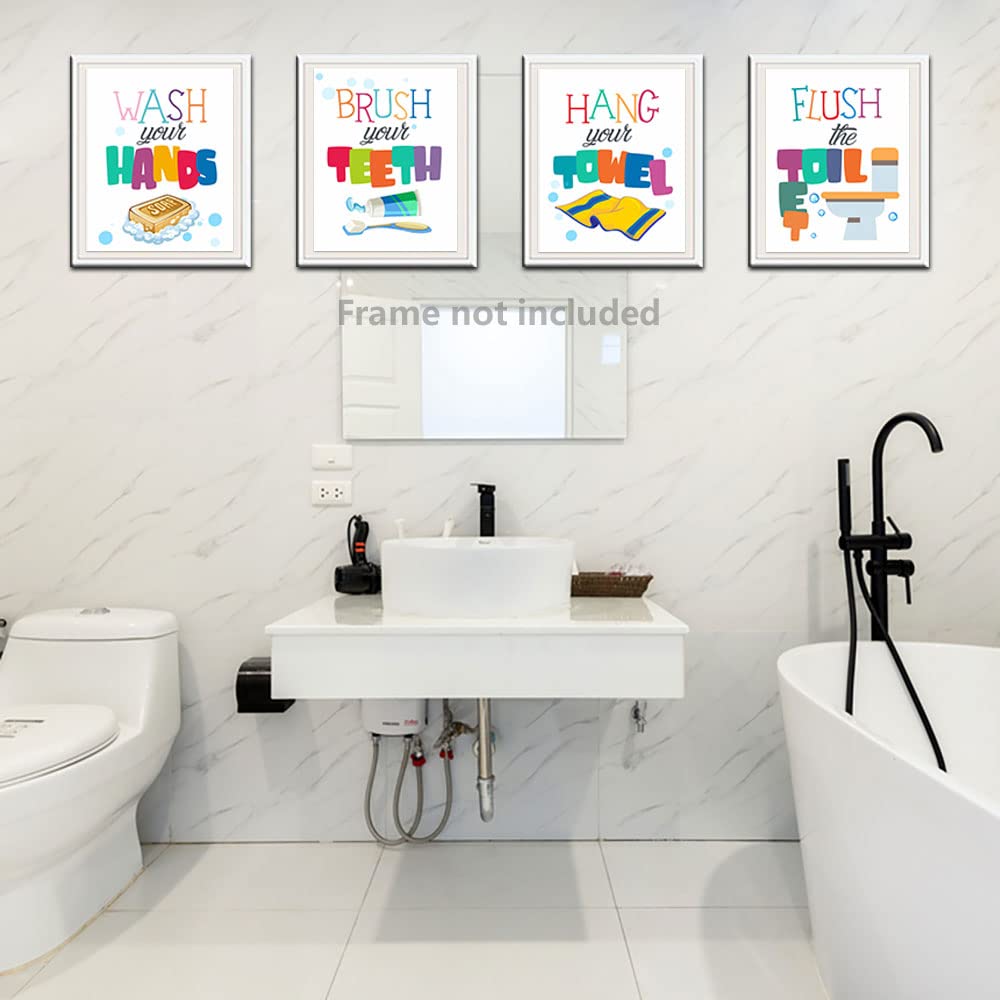 heshengzaixian Funny Kids Colorful Bathroom Quote Wall Art Prints, Kids Bathroom Décr Poster Picture Painting Set for Lavatory Toilet Restroom, Gift for Children,Set Of 4 (8”X10”) Unframed