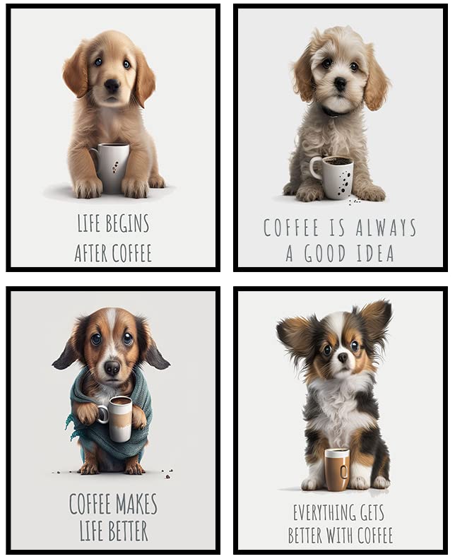 HT LIFE Funny Dog Decor Dog Lovers Wall Art Home Decor Poster Dog Wall Art-Set of 4 (8x10) Funny Animal Wall Art Posters - Cute Poster Funny Wall Art Dogs Who Love Coffee Unframed