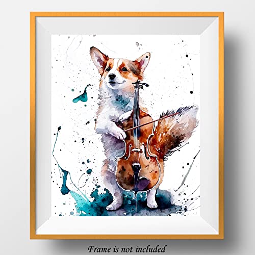 7Dots Art. Funny Dogs with Musical Instruments Watercolor Series. Watercolor Art Print, Poster 8"x10" on Fine Art Thick Watercolor (Aquarelle) Paper. Unframed. (Corgi Cello)