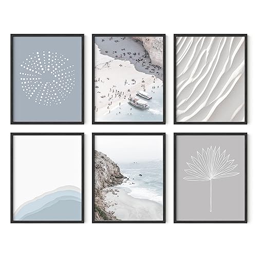 HAUS AND HUES Beach Pictures Wall Art - Set of 6 Coastal Wall Decor and Beach Posters for Walls, Beach Artwork for Walls, Ocean Wall Art Prints, Beach Wall Decor Blue Wall Art (8x10, Unframed)