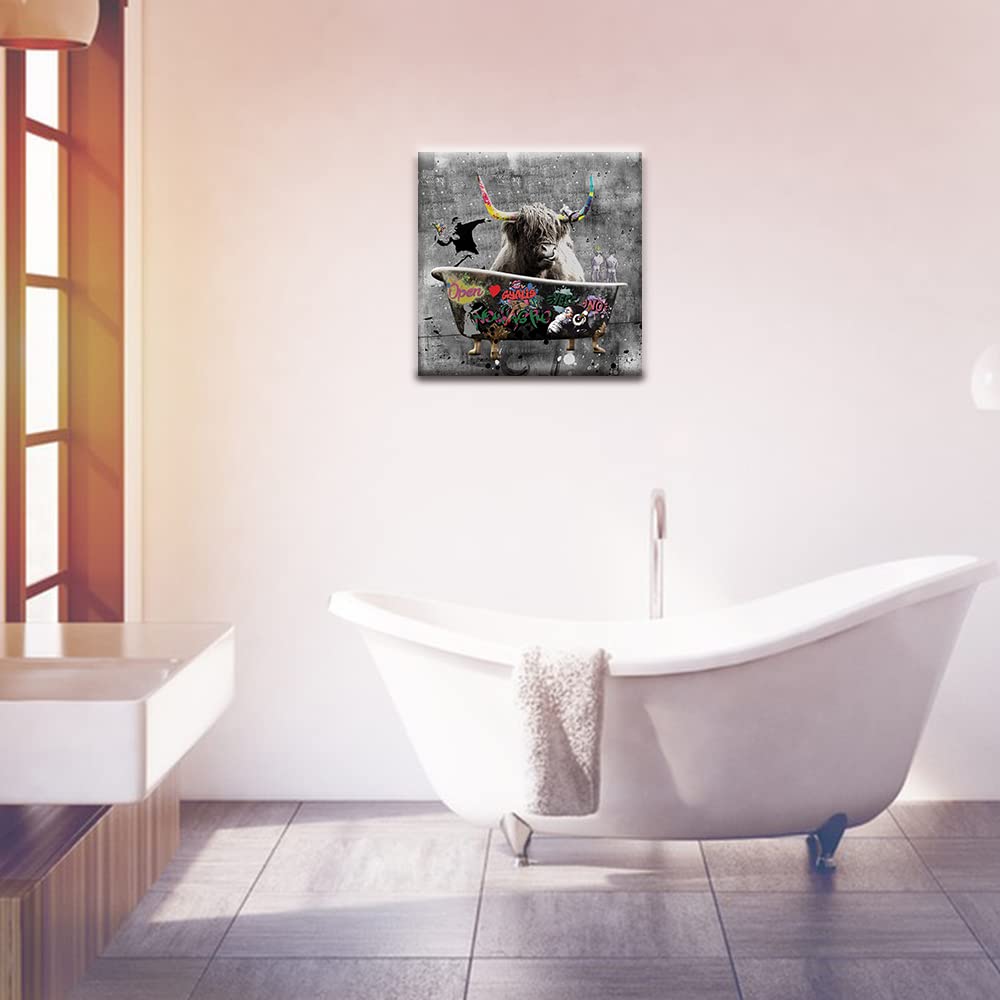 Funny Highland Cow Wall Art in Bathtub, Banksy Graffiti Canvas Wall Art, Black and White Cow In Bathroom Picture Farmhouse Style Wall Decor Posters Unframed 12x12 inch