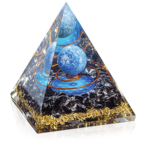Orgone Pyramid - Positive Energy Orgone Generator - Lapis Lazuli Crystal Sphere Flower of Life Orgonite Pyramid - Meditation Aids Sleep Crystal Pyramid Attract Wealth Wisdom - Spiritual Christmas Gift