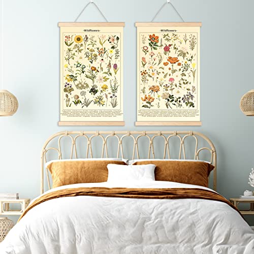 Chenkaiyang 2 Pcs Vintage Hanging Poster,Flowers Wall Hanging Botanical Rustic Retro Wall Art Prints Flower Chart Posterfor Living Room Decor,12.7 X 21.6 Inch