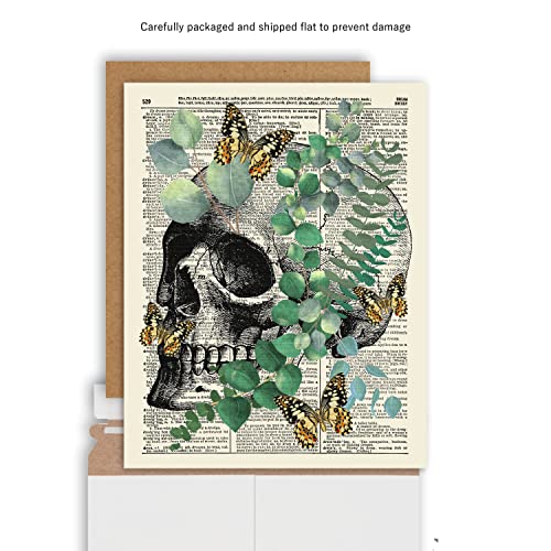 Anatomy with Eucalyptus and Butterflies, Vintage Dictionary Art Print, Modern Contemporary Wall Art For Home Decor, Boho Art Print Poster, Farmhouse Wall Decor 8x10 Inches, Unframed (Skull #1)