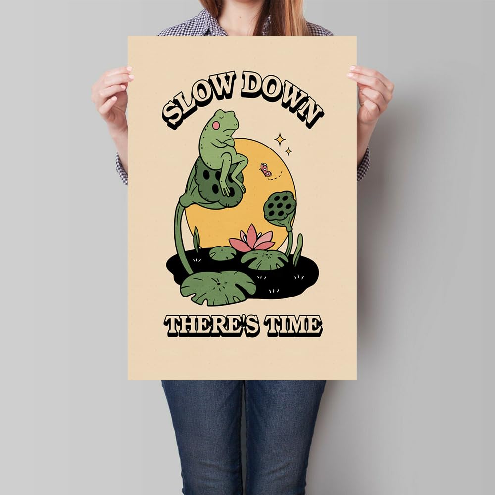 NAVIWEEK Vintage Frog Posters Wall Art Prints,SLOW DOWN THERE S TIME Cute Frog Wall Art Decor,Frog Decor for Bedroom,lotus Creativity Wall Canvas Prints 12x16 in Unframed