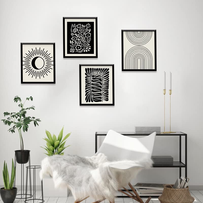 Minimalist Boho Canvas Wall Art Set of 4,Black Beige Flower Leaf Line Art Canvas Painting Pictures, Mid-Century Modern Prints Gallery Wall Posters for Bedroom Living Room Bathroom Boho Room