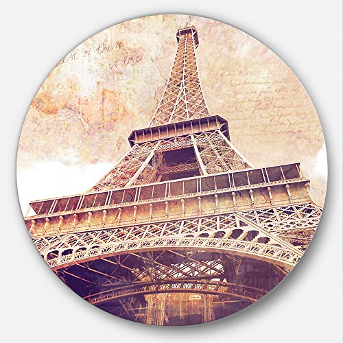 Designart Eiffel Tower Paris Postcard Design Cityscape Round Metal Wall Art Disc of 11 inch, 11'' H x 11'' W x 1'' D 1P