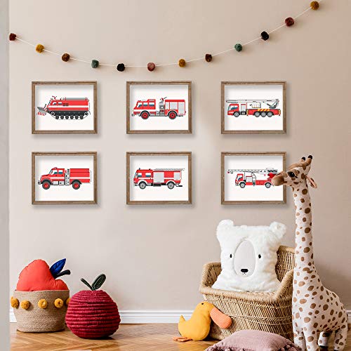 Fancymall 8x10in Nursery Fire Truck UNFRAMED Wall Art Decor Set of 6 Prints Boy Girl Kids Firetruck Prints Fire Engine Transportation Wall Art Posters for Boy Toddler Bedroom Ambulance Rescue