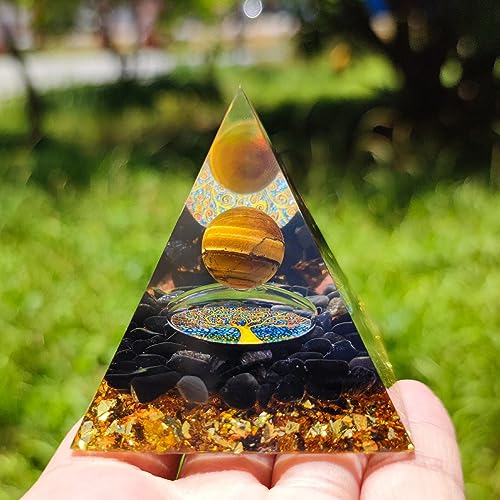 Orgone Pyramid for Positive Energy, Olivenorma Tiger Eye Sphere & Obsidian Protection Healing Crystal Gemstone Pyramid for Yoga Reiki Meditaion Blanacing Chakra