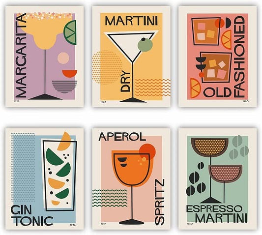 Print A To Z Cocktail Wall Art Poster Prints Decor Set, UNFRAMED Set of 6 ( 8''x10'' ), Bar Wall Decor, Office Apartment Wall Decor Home Bar Accessories, Bar Cart Decor Cocktail Poster