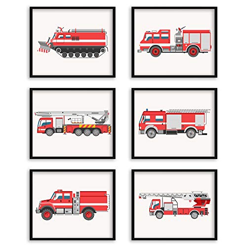 Fancymall 8x10in Nursery Fire Truck UNFRAMED Wall Art Decor Set of 6 Prints Boy Girl Kids Firetruck Prints Fire Engine Transportation Wall Art Posters for Boy Toddler Bedroom Ambulance Rescue