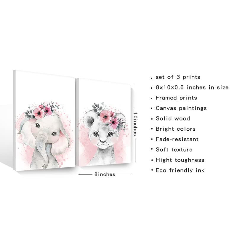 3pcs/set Kid Posters, Cute Animals Wall Art Kawaii Elephant Lion Giraffe Posters Floral Canvas Paintings Print Picture For Kids Room Nursery Decor Art(Kawaii Animals, 8"x12"x3pcs Unframed)