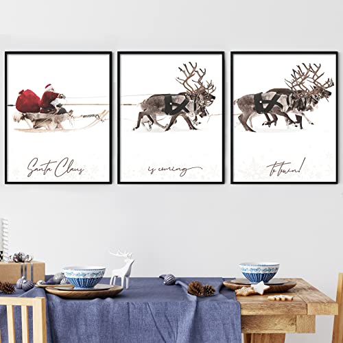 AnyDesign 3Pcs Christmas Wall Art Prints 11x14in Santa Claus Reindeer with Sleigh Art Poster Decor Large Aesthetic Xmas Posters Room Decor for Gallery Living Room Bathroom Wall Decor(UNFRAMED)