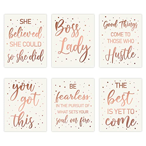 Haooryx 6Pcs Boss Lady Wall Art Rose Gold Inspirational Quote Cardstock Art Print Office Decor Set, Minimalist Girls Art Print Poster for Girls Women Bedroom Dorm Study Room Office Decorations