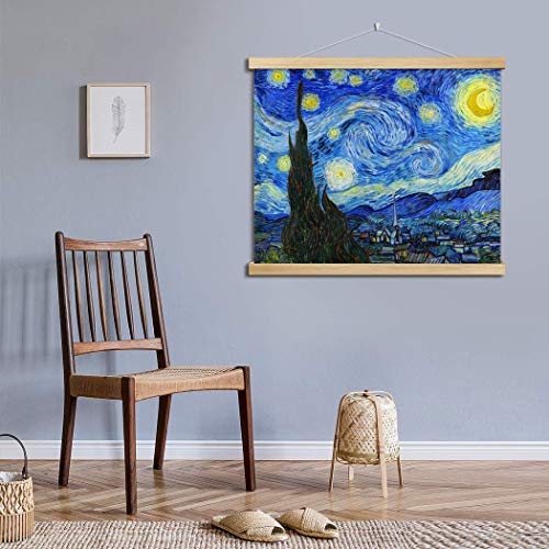 VanSP 8-32inch The Starry Night Wall Art Van Gogh Oil Painting Poster Frame Hanger-Giclee Canvas Prints with Wooden Scroll Home Deco 11x8in(27x20cm)