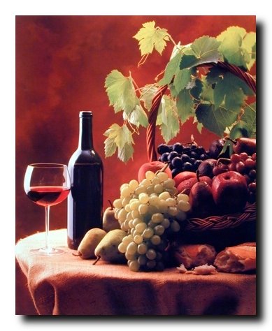 Red Wine & Fruit Grapes and Apples Still Life Kitchen Decor Art Print Poster (16x20)