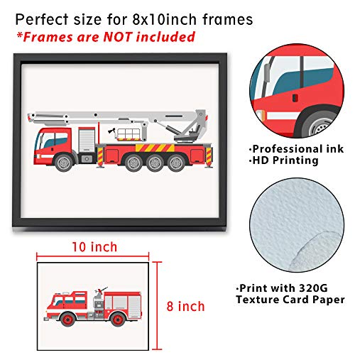 Fancymall 8x10in Nursery Fire Truck UNFRAMED Wall Art Decor Set of 6 Prints Boy Girl Kids Firetruck Prints Fire Engine Transportation Wall Art Posters for Boy Toddler Bedroom Ambulance Rescue
