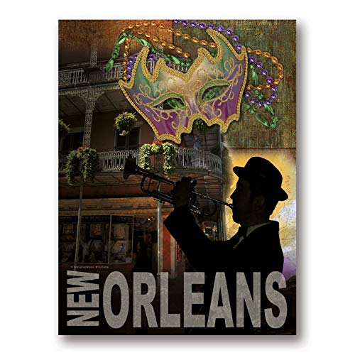 Gango Home Décor Popular New Orleans Mardi Gras Bourbon Street Trumpet Player Sign; One 12x16in Poster Print