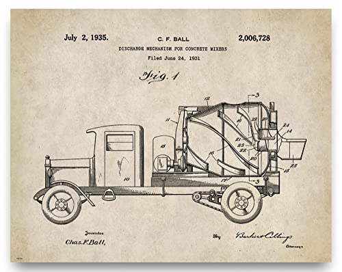 Concrete Cement Truck Patent Poster Art Print 11X14 Wall Decor Picture Vintage Road Construction Heavy Equipment