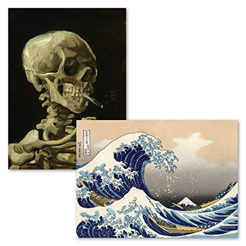 2 Pack - Skeleton by Vincent Van Gogh & The Great Wave Off Kanagawa by Katsushika Hokusai - Fine Art Poster Prints (Laminated, 18" x 24")