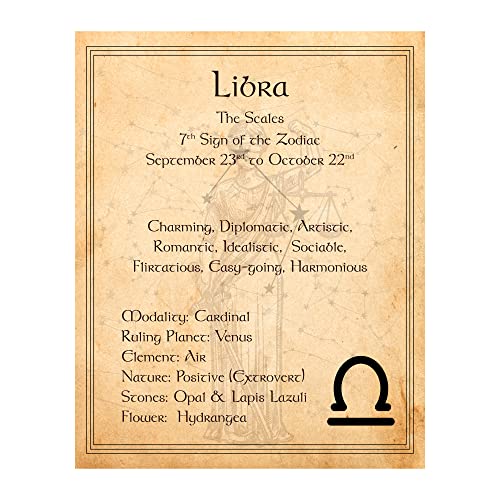 Libra -The Scales - Zodiac Sign Wall Art, Constellation Design Astrology Decor, Horoscope's Adjectives-Primary Elements Wall Print Ideal For Home Decor, Office Decor, Bedroom Decor. Unframed- 8x10"