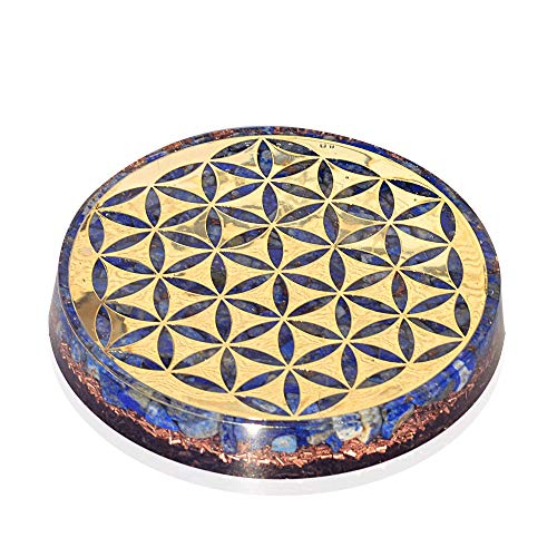 Orgonite Crystal Water Charging Plate with Lapis Lazuli Healing Crystals and Flower of Life –Chakra Healing Orgone Water Plate for Spiritual Protection and Cleansing (90mm)