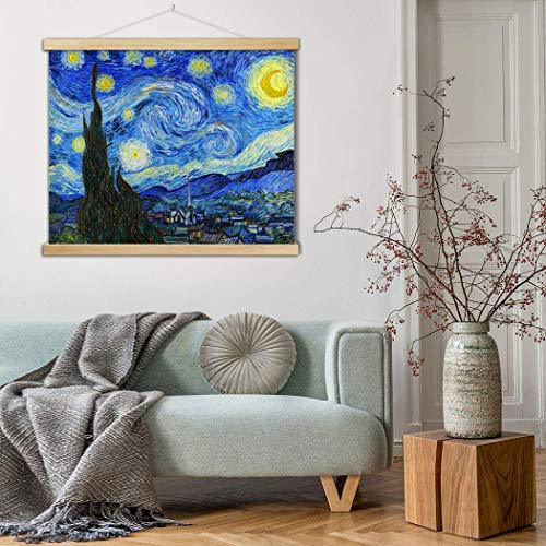 VanSP 8-32inch The Starry Night Wall Art Van Gogh Oil Painting Poster Frame Hanger-Giclee Canvas Prints with Wooden Scroll Home Deco 11x8in(27x20cm)