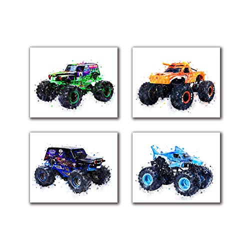 CPJY Cartoons Monster Truck Theme Wall Art Prints Set of 4 (8 inchesX10 inches Canvas Picture) Children Boys Birthday Gift Game Room Decor Art Painting Kids Nursery Wall Poster Home Decor Unframed