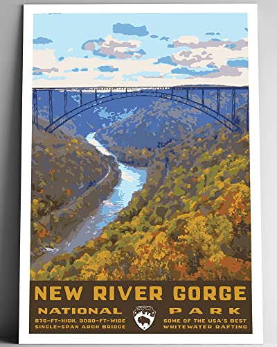 New River Gorge National Park Vintage-Style Travel Poster - 8x10-12x18-18x24-24x36 / 4x6 Postcard WPA Style West Virginia Art Print Gorge Bridge (4x6 Inch Postcard)