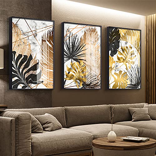 Black and Gold Leaf Canvas Print Wall Art,Unframe Tropical Monstera Palm Leaves Poster Wall Décor ,Modern Art Plants Leaf Picture Oil Painting Wall Mural for Living Room Bedroom Office-16"x20"x3