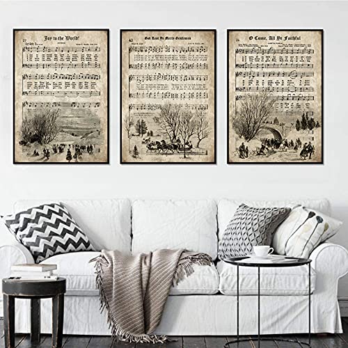 VLOLIFE Vintage Christmas Carols Wall Art Posters and Prints Sheet Music Hymn Aged Antique Canvas Art Painting Home Decor Picture Unframed, 16X24inchX3 Unframed