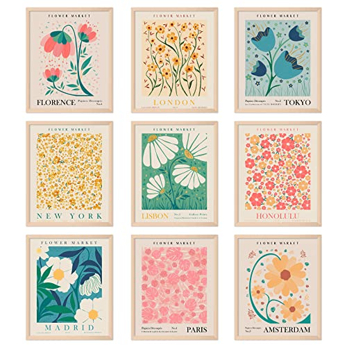 AnyDesign 9Pcs Flower Market Wall Art Prints Matisse Art Poster Unframed Floral Drawing Posters Colorful Decor for Gallery Room Aesthetic Living Room Bathroom Decor, 8x10inch