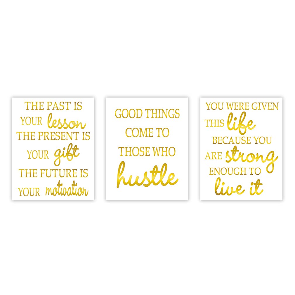 Motivational Quote Phrase Gold Foil Art Print,Inspirational Word Good Thing Cardstock Poster Inspiring Lettering Painting For Office,Living Room Decor Wall Picture(8 X 10 inch,set of 3,UNframed)