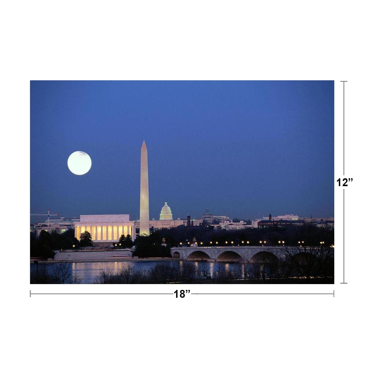 Washington DC Skyline at Night with Full Moon Photo Photograph Cool Wall Decor Art Print Poster 18x12