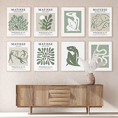 Whaline 8Pcs Wall Art Matisse Prints Henri Matisse Sage Green Minimalist Posters for Living Room Office Aesthetic Decor with 32Pcs Glue Points 8 x 10, Unframed