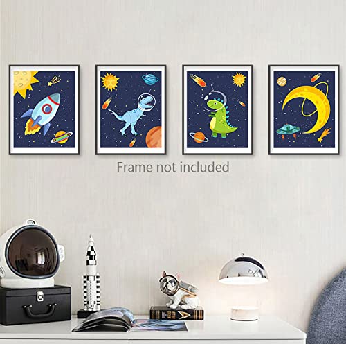 heshengzaixian Dinosaur Wall Art Posters, Space Wall Decor for Boys Bedroom,Gift for Kids, Astronaut Decorate,Solar System Painting for Nursery Classroom, Set Of 4 Unframed(8X10inch,)