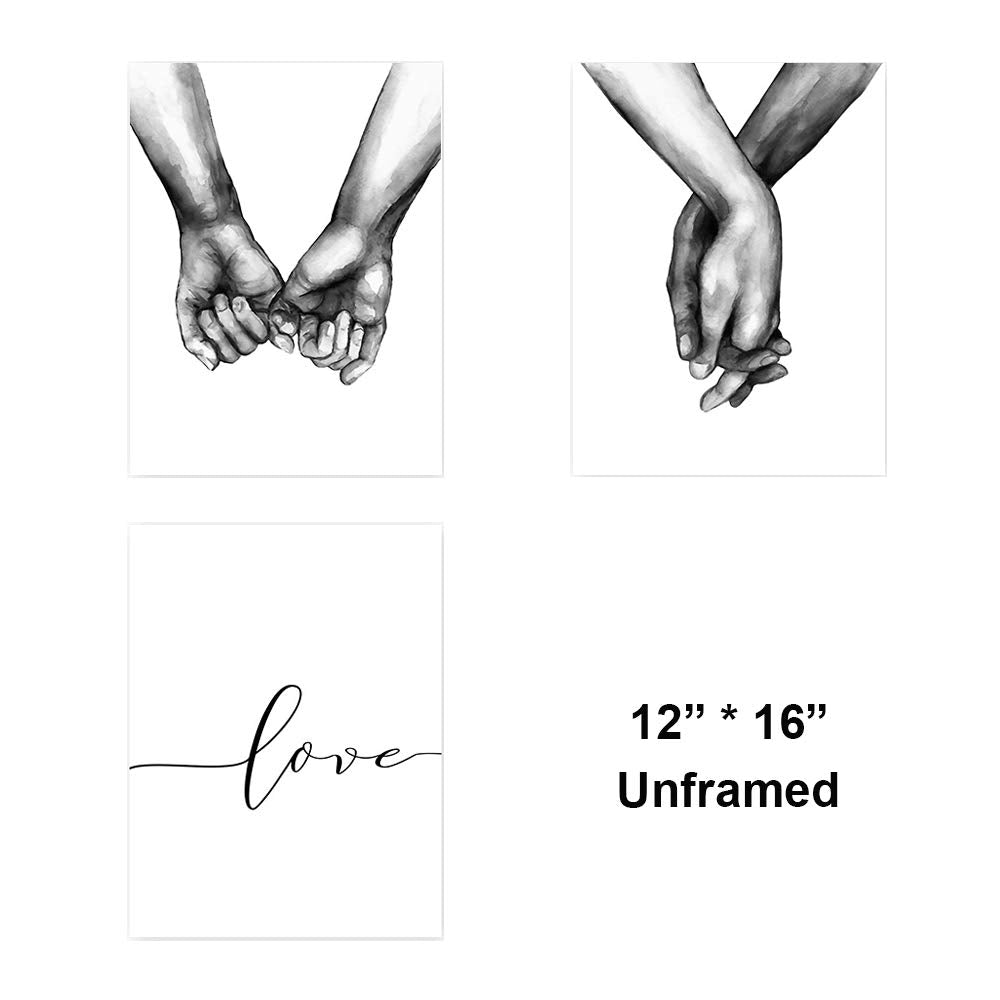 Love and Hand in Hand Poster Wall Decorative Art Canvas Print Poster for Home Living Room Bedroom Office Simple Fashion Black and White Sketch Art Line Drawing Decor Unframed 12" x 16" Set Of 3