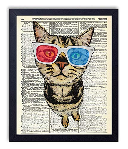 Cat in 3-D Glasses, Vintage Dictionary Art Print, Antique Wall Art Home Decor, Modern Boho Poster, Farmhouse Decoration Living Room Bedroom Office 8x10 Inches, Ready To Frame