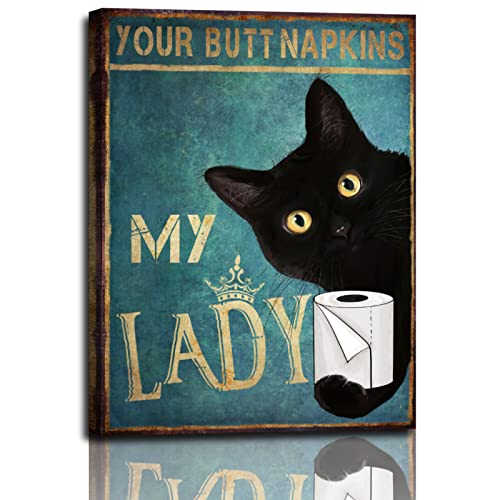 Funny Bathroom Canvas Wall Art: Black Cat Picture Print Toilet Decor, Your Napkins My Lady Teal Poster Framed Animal Artwork Restroom Decoration for Home 8" x 12"