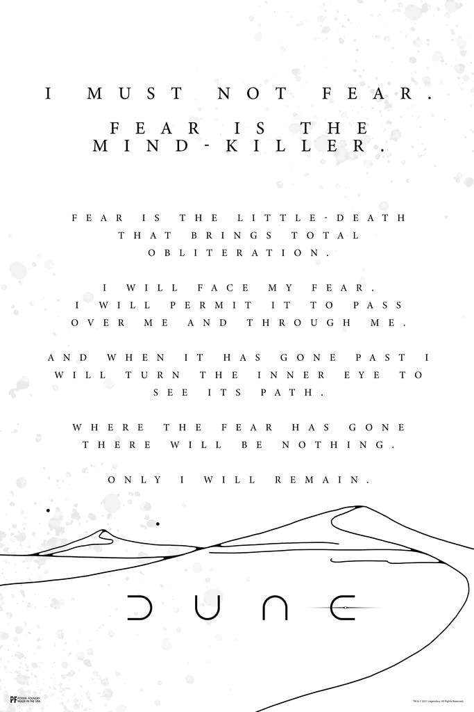 Dune Fear Is the Mind Killer Quote Lady Jessica Paul Atreides White Official Merchandise 2021 Movie Merch Denis Villeneuve Film Frank Herbert Book Series Cool Wall Decor Art Print Poster 12x18