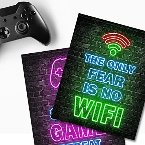 Printed Neon Gaming Posters Set of 4 (8”X 10”), Boys Room Decorations for Bedroom,Video Game Wall Art,Gamer, Teen boy bedroom, game room, No Frames