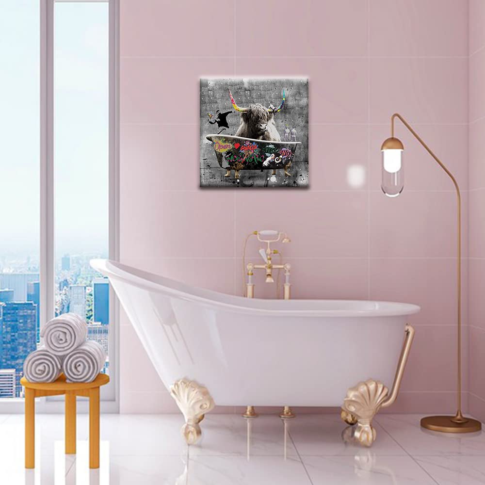 Funny Highland Cow Wall Art in Bathtub, Banksy Graffiti Canvas Wall Art, Black and White Cow In Bathroom Picture Farmhouse Style Wall Decor Posters Unframed 12x12 inch