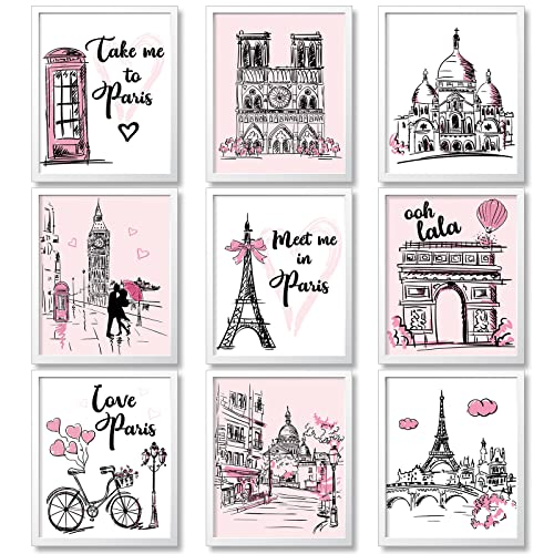 Pajean 9 Pieces Paris Wall Art Prints, Pink Eiffel Tower Bedroom Decor Romantic Paris Theme Room Decor Unframed Art Poster Decor for Girls Living Room Bathroom Kitchen Office Decor, 8 x 10 Inch