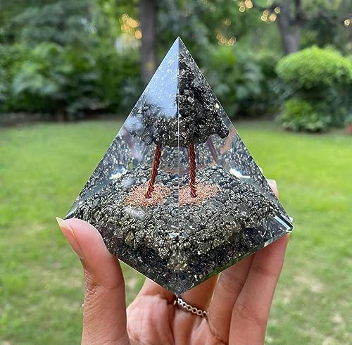 Orgonite Crystal Pyrite Tree Pyramid With Healing Properties of Pyrite that •Manifesting Wealth • Boost Confidence • Increases Assertiveness - Use for Meditation, Yoga & Decor