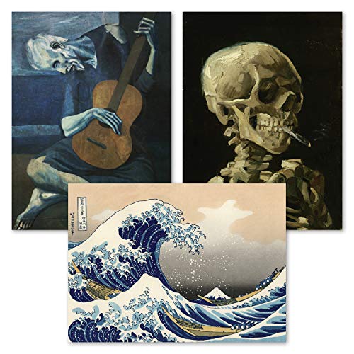 3 Pack of Posters: Vincent Van Gogh Skeleton + The Old Guitarist by Pablo Picasso + The Great Wave Off Kanagawa by Katsushika Hokusai - Set of 3 Fine Art Prints (LAMINATED, 18" x 24")