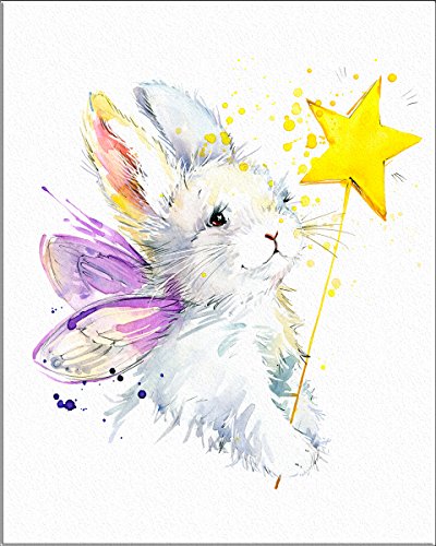 7Dots Art. Bunny Fairy. Watercolor Art Print 8"x10" on Fine Art Thick Watercolor Paper for Childrens Kids Girl's Baby Room, Bedroom. Wall Art Decor Poster for Girls, Baby-Girls.