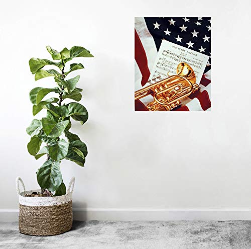 Musical Patriotic American Trumpet Instrument & Music Sheet Lying on American Flag Wall Decor Art Print Poster (16x20)