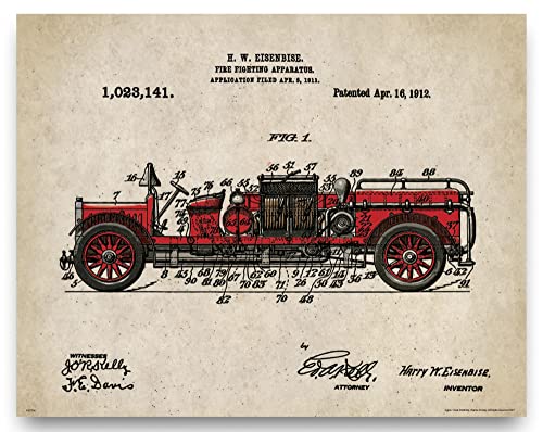 Firefighting Fireman Fire Truck Engine Patent Poster Art Print Helmet Gear Charles Freitag 11X14 Wall Decor Picture